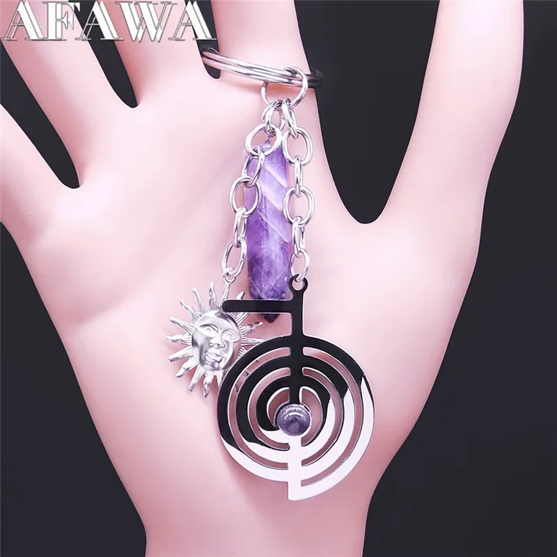 Yoga Reiki Cho Ku Rei Leven Spiraal Paars Kristal Kwarts Roestvrij Staal Sleutelhanger Vrouwen Heilige Geometrie Sieraden Porte Clef N4242