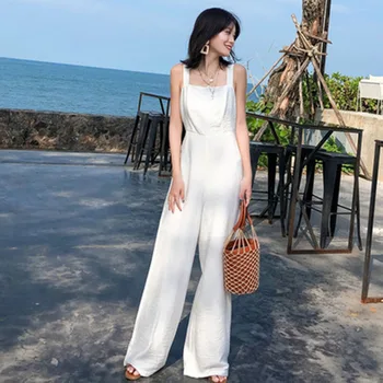 

Women's Sexy Backless Sleeveless White Jumpsuits 2020 Summer New Slim High Waist Wide Leg Seaside Vacation Beach Jumpsuit