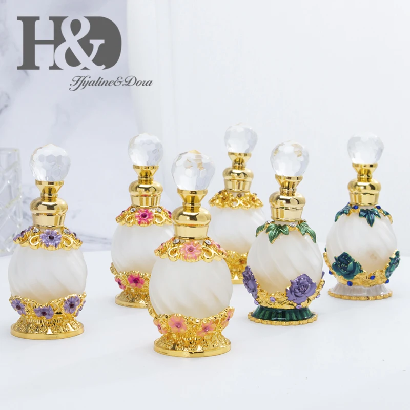 H&D Set of 6,Glass Empty Refillable Perfume Bottle With Flower Ornament Elegant Frosted Mini Fragrance Container Home Decor Gift