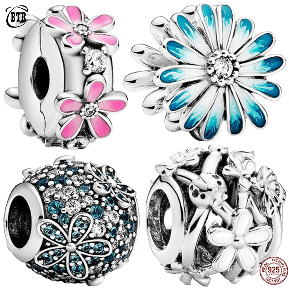 

New Spring 925 Silver Pave Shiny CZ Blue Daisy Series Beads Fit For Original Bracelet Necklace Jewelry