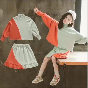 

3-13Y Girl Fall Sets 2019 New Kids Cotton Patchwork Color Tops And Cotton Skirts 2 Pcs Sets Sweet Girls Fall Outfits