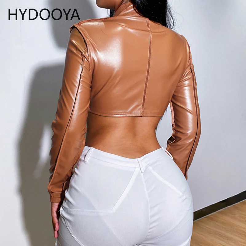 Moto & Biker Style Brown PU Faux Leather Crop Jackets for Women Bright Line Decoretion Bandage Coat Fashion Zipper Slim Outwears