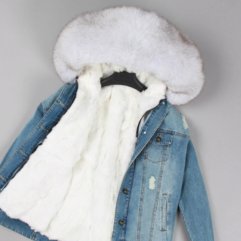 Best OFTBUY 2019 Winter Jacket Women Real Fur Coat Parka Real raccoon collar Rex Rabbit liner striped bomber Denim jacket Streetwear 5