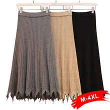 Женская юбка-свитер размера плюс с эластичной высокой талией, 4Xl, Зимние трикотажные трапециевидные юбки в рубчик, элегантные длинные плиссированные юбки миди с кисточками