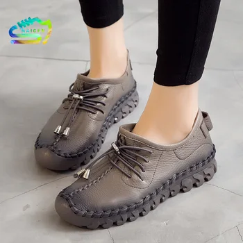 

NAICEN Oxford Sewing Flats Women's Loafers Shoes Woman Female Lace Up Genuine Leather Rubber Soles Casual Shoes Off White Shoes