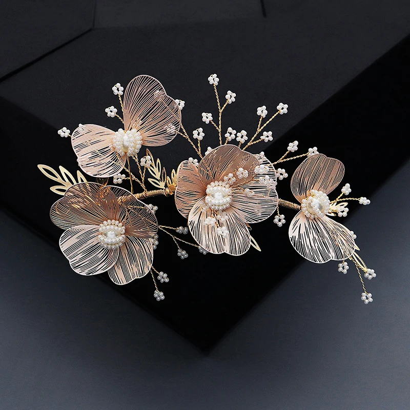 Wedding jewelry golden copper petal hair band bride wedding headdress millet beads handmade hair band dress accessories