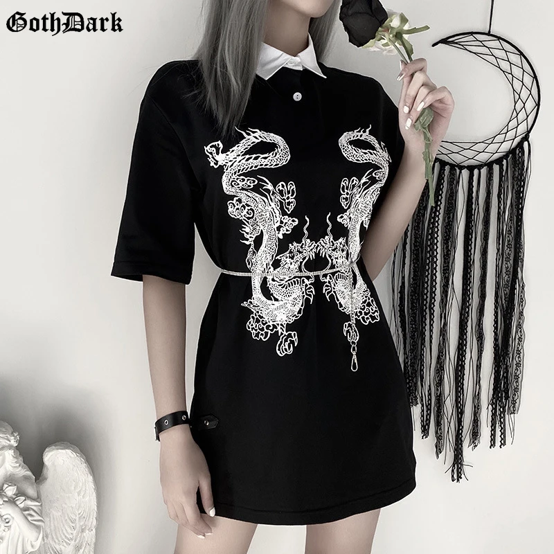 Tshirt Women Grunge T-Shrits Aesthetic Harajuku Dragon-Print Punk Chic Egirl Goth Dark