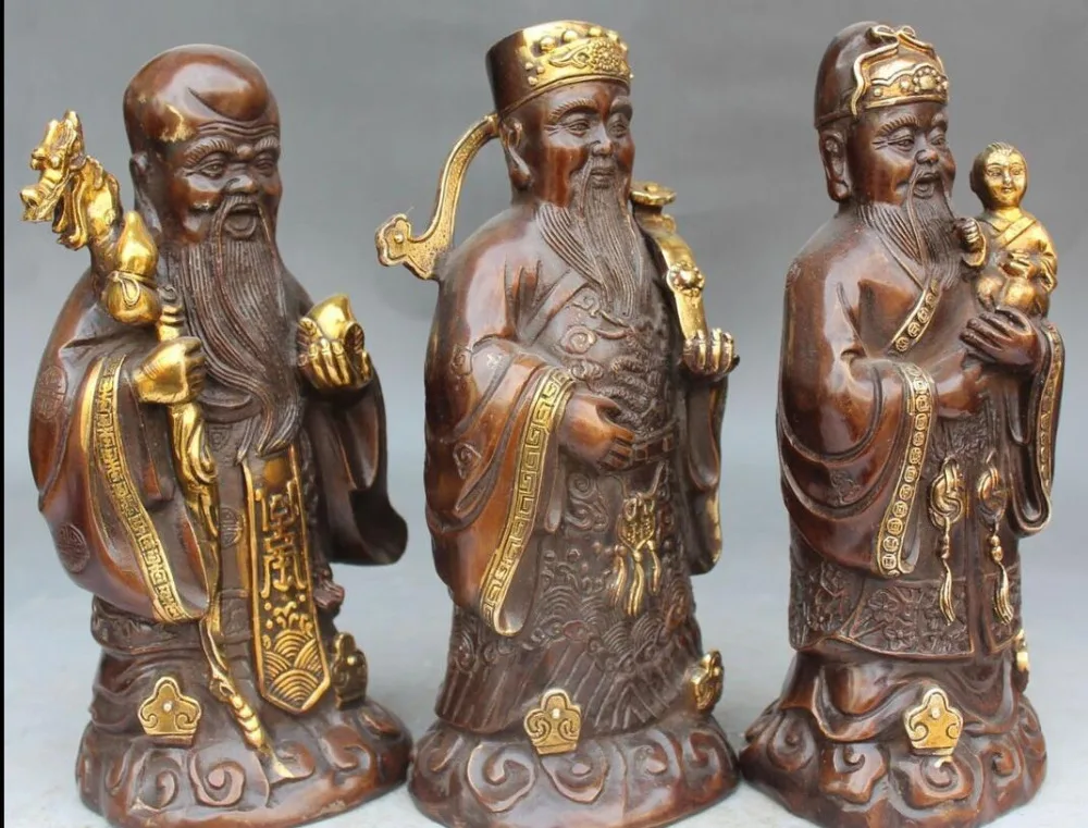 6710540++ 1" помеченная китайская Бронзовая позолоченная подставка Fu Lu Shou 3 Mammon Immortal God набор статуя