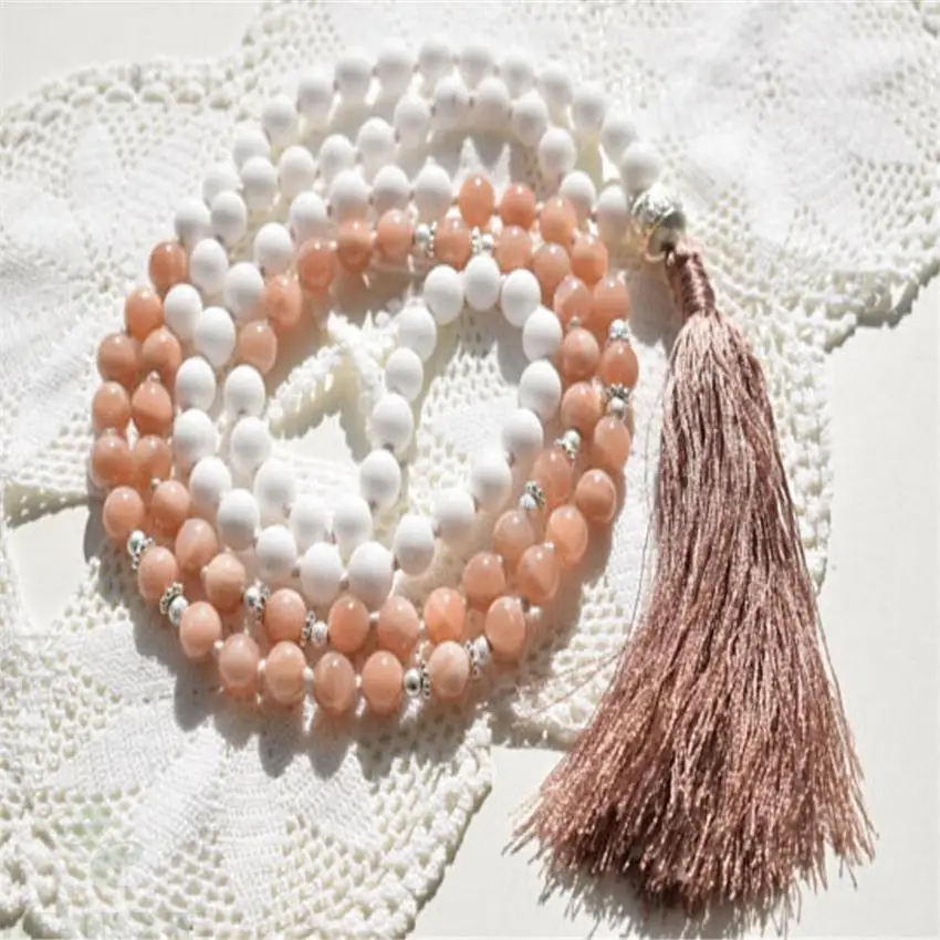 

8mm Tridacna Sun stone Gemstone 108 Beads Mala necklace pray cuff yoga Tassel Buddhism Lucky natural Handmade Reiki Veins