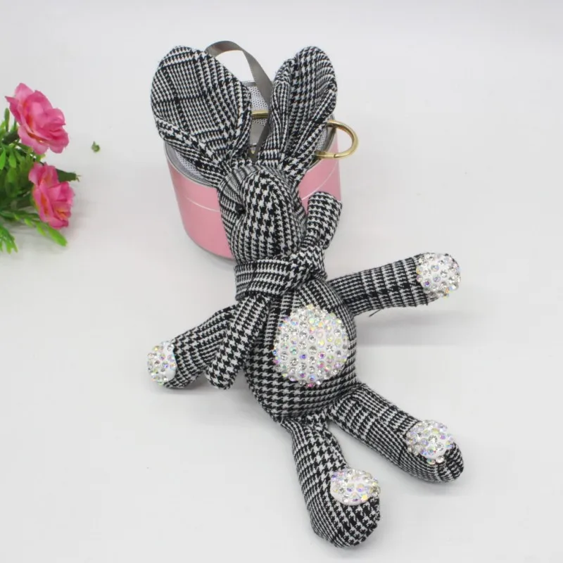 Cute Long Ear Diamond Bunny Rabbit Dolls Fashion Cartoon Plaid Keychain Toys Key Bag Pendant Dolls 5pcslot  (4)