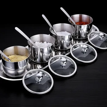 

Stainless Steel Spice Jar Set round Seasoning Containers Four Grid Three Grid 304 Condiment Dispenser Seasoning Box Salt Tank