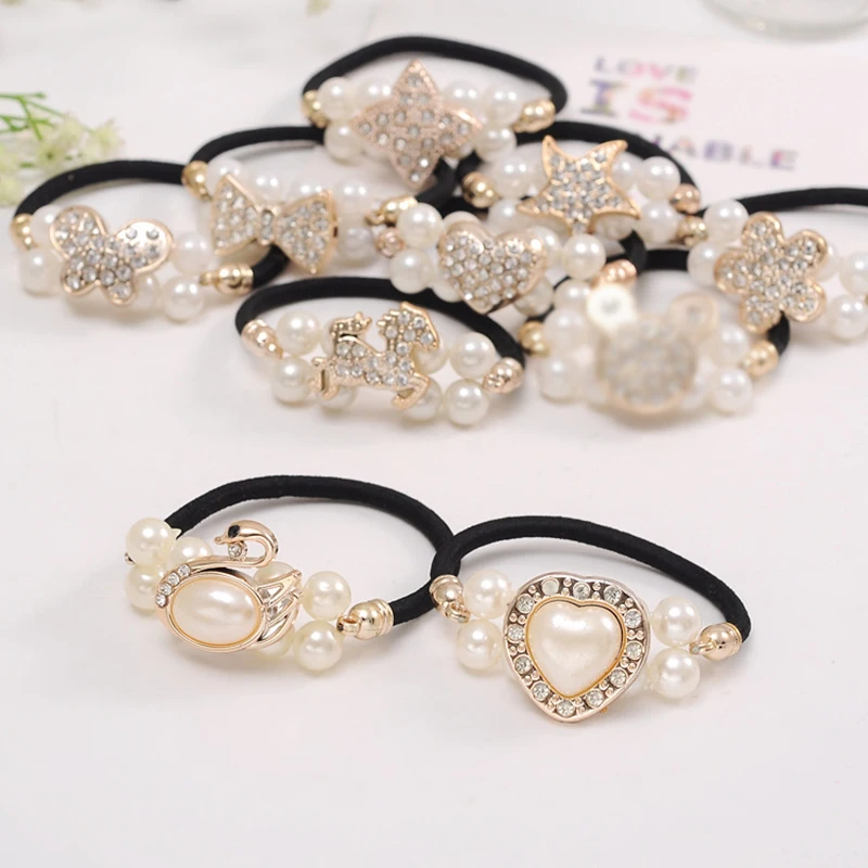 

Korean Girls Bow Hair Accessories Cute Pearl Diamond Ponytail Holder Female Rhinestone Elastic Hair Band Rubber Rope Headdress