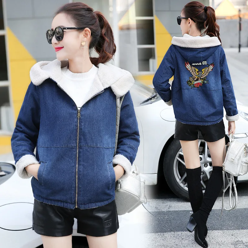 Photo Shoot Autumn And Winter New Style Korean-style Large Size Students Lambs Wool Hooded Jeans Coat Brushed And Thick Cot