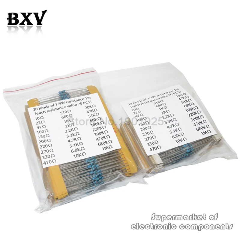 Metal Film Resistor Metal Film Resistors 600PCS/Set 30 Kinds 1/4W Resistance 1% Metal Film Resistor Pack Assorted Kit 1K 10K 100K 220ohm 1M Resistors 300PCS/Set