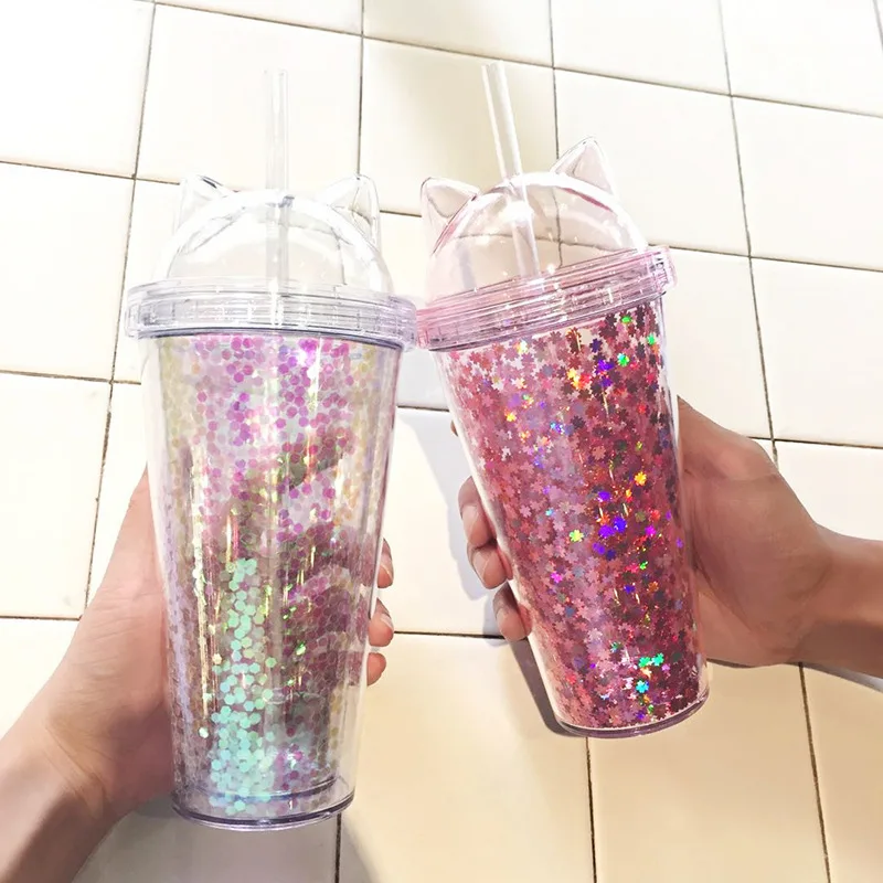 

Plastic Cup with Straw Sequin 420ml Double Layer Water bottle Cute cat ear glitter water cup for girls
