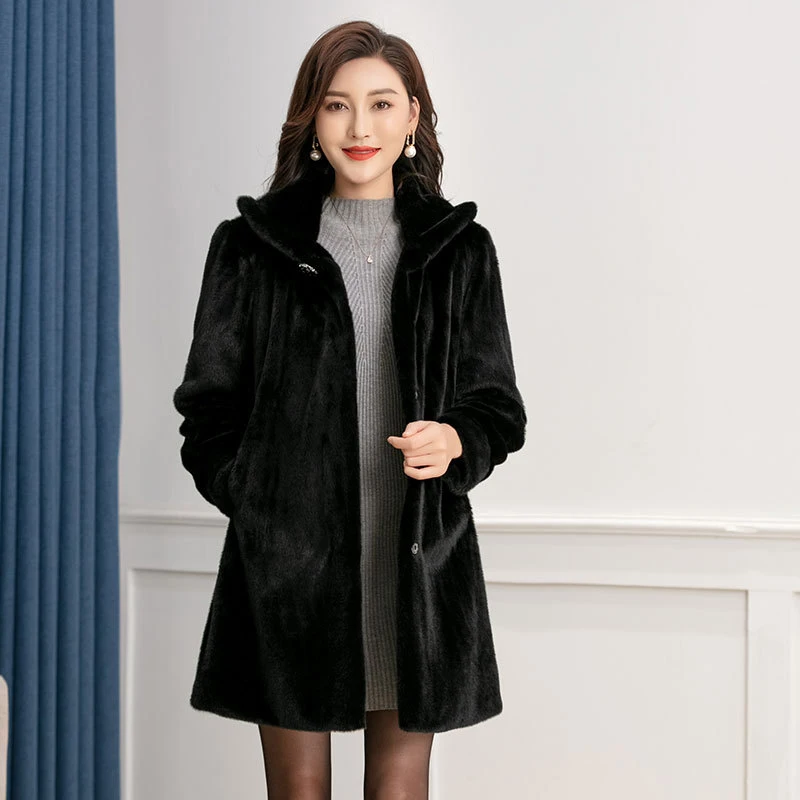 Winter Thick Warm Coat Women Mid-Length Mink Fur Jacket Office Lady Overcoat Single Breasted Windproof Large Size Faux Fur Coat