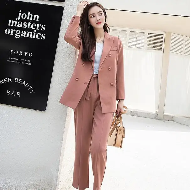 Autumn Women Pant Suits Double Breasted Notched Collar Jacket Blazer &amp Sashes Female Work 2020 DF512 | Женская одежда
