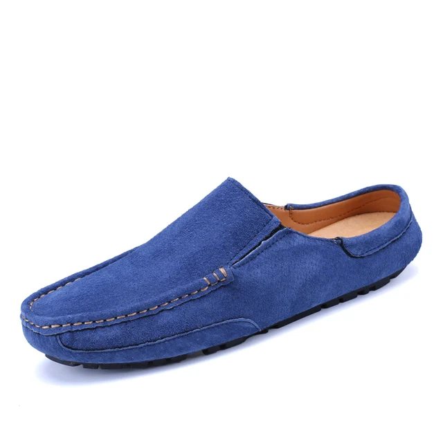 Man Summer Fashion Pig Skin Casual Half Shoe Male Breathable Soft Backless Half Loafers Hombre Open Back Leather Comfy Mocassins Blue without holes