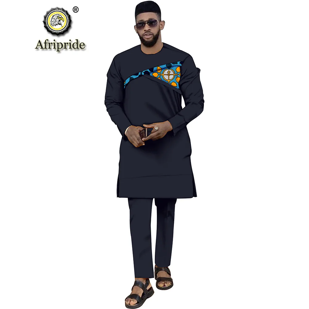 Африканская Мужская одежда Топ dashiki рубашки и брюки из Анкары с шляпой 3 шт наряды с принтом верхняя одежда костюм AFRIPRIDE S1916023 - Цвет: 531-14