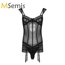 Мужское кроссдресс нижнее белье Sissy набор прозрачной сетки цветочные кружева Сисси подвязки мини-платье с стринги нижнее белье комплект нижнего белья