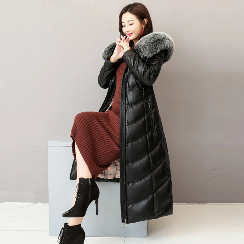 Высококачественная зимняя женская куртка-пуховик из овечьей кожи, пальто с капюшоном и большим лисьим меховым воротником, большие размеры, Утепленные длинные пальто