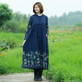 

2019 Winter New Vintage Hooded Trench Embroidery Floral Coat Chinese Style Button Long Sleeve Trench Coat