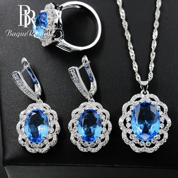 

Bague Ringen Flower shaped Silver 925 Jewelry Sets for Wedding Gemstones Ring Earrings Necklace Oval Aquamarine Ornaments Gift