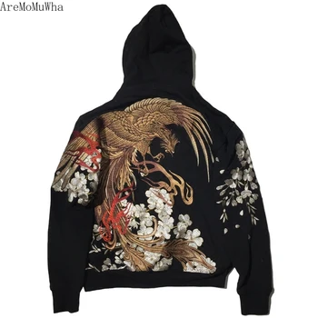 

AreMoMuWha Autumn and Winter Japanese Heavy Embroidery Men's Hooded Hoodie Cherry Suzaku Embroidery Harajuku Black HoodieQX1096