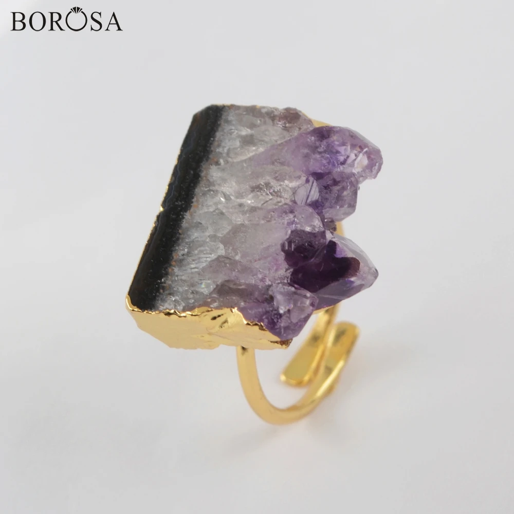 BOROSA 5/10 шт. произвольной формы натуральными аметистами ломтик Золотое кольцо кольца с фиолетовыми кристаллами ювелирные изделия из друзы кольцо заявление ювелирные изделия G1935