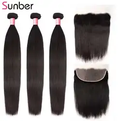 Sunber волосы перуанские пучки волос с фронтальной 8-30 дюймов наращивание волос 100% Человеческие волосы remy 13x6 фронтальные с 3/4 пучками