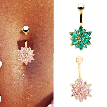 

1 pc Green/Pink Stainless Flower Crystal Navel Bars Gold Belly Button Ring Sweet Luxury Navel Piercing Sexy Jewelry For Women