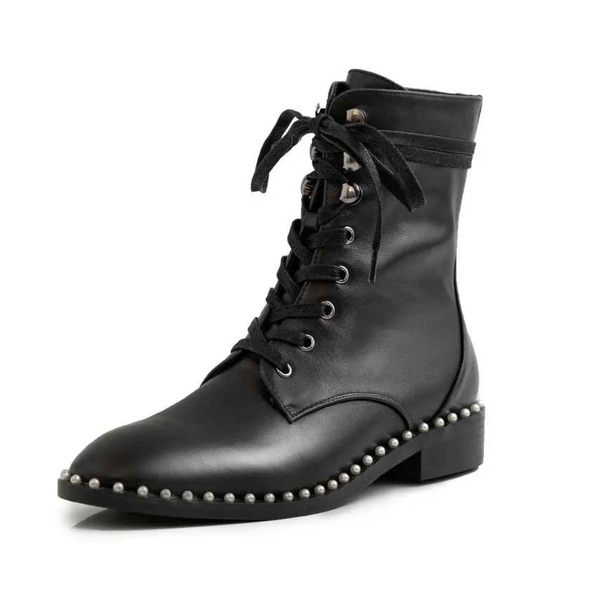 Black-Cow Leather ENMAYER/ г. Кожаные модные зимние ботинки женские классические ботильоны с острым носком на шнуровке, женская обувь на среднем квадратном каблуке - Цвет: Black-Cow Leather