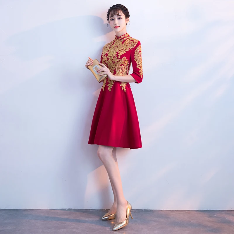 Мандарин воротник Cheongsam женское благородное вечернее платье сексуальное бургундское Половина рукава Qipao изысканная вышивка Robe De Soiree