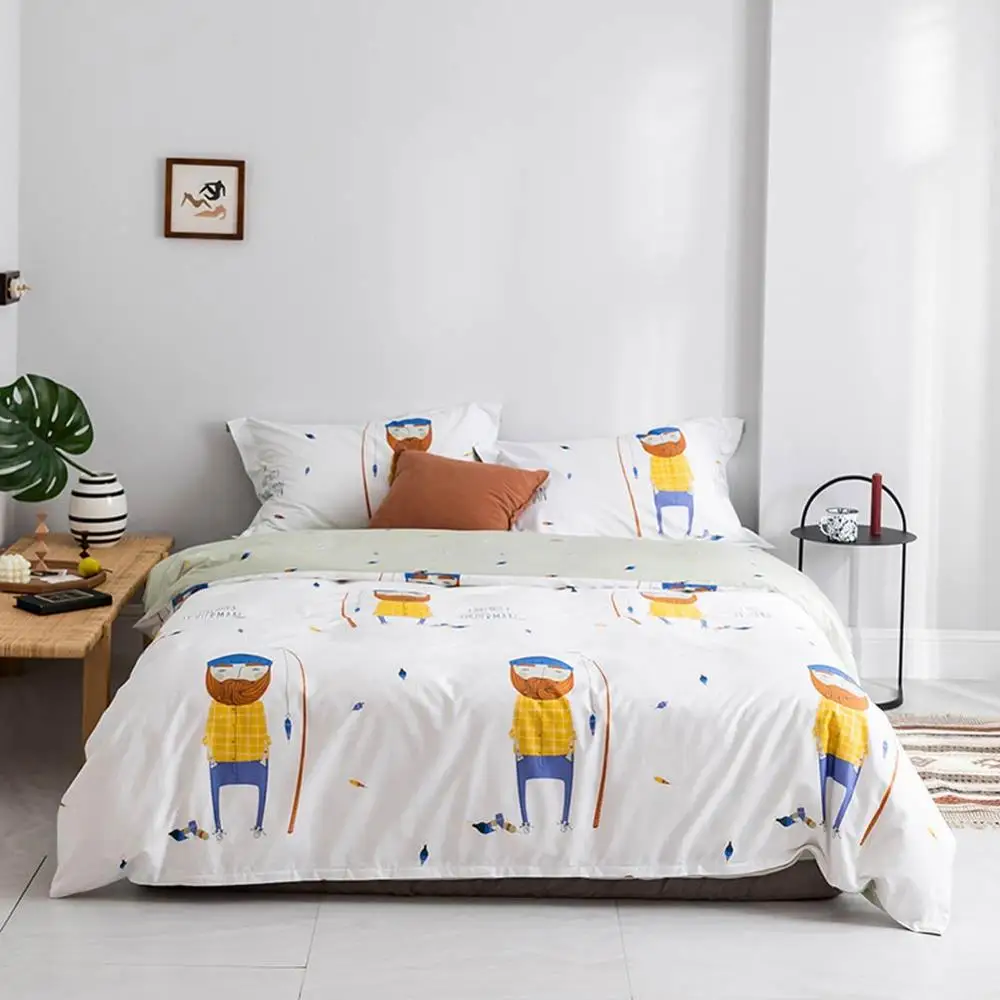 

2019 Fishman Gentleman Cartoon Duvet Cover Set Flat Fitted Sheet Cotton Bedlinens Hypoallergenic Twin Queen King Bedlinens