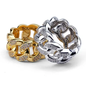 

New Men Trendy Rings Gold Color Top Quality Bling Bling Ice Out AAA CZ Hip Hop Punk Ring Cuban Link Chain