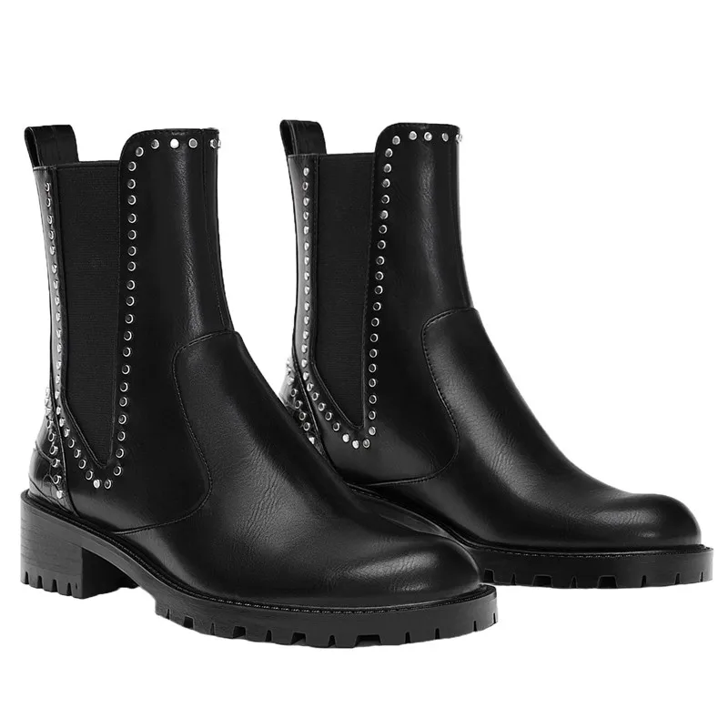 2021 Winter Rivet Short Boots Women Tide British Style Thick-soled Motorcycle Short Boot Genuine Leather Shoes Woman Ankle Boot