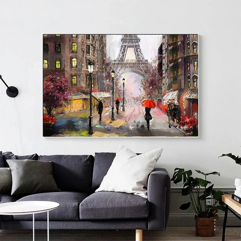 

Romantic City Pedestrian Paris Eiffel Tower Landscape Canvas Painting Posters and Prints Wall Picture for Living Room Home Decor
