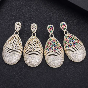 

Jankelly waterdrop Multicolor Full Mirco Pink Cubic Zirconia Setting European brincos Wedding Hoop Earring Ring Jewelry Set