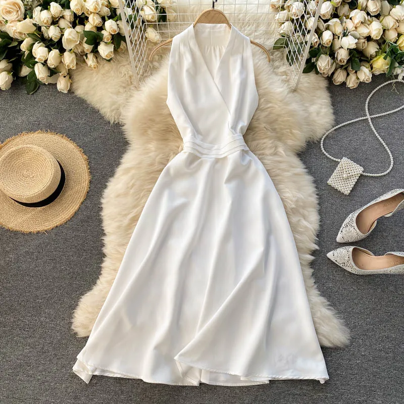 

Summer European American Retro Vestidos Women's Cross V-neck Sleeveless Waist Slimming Solid Color Midi Dresses