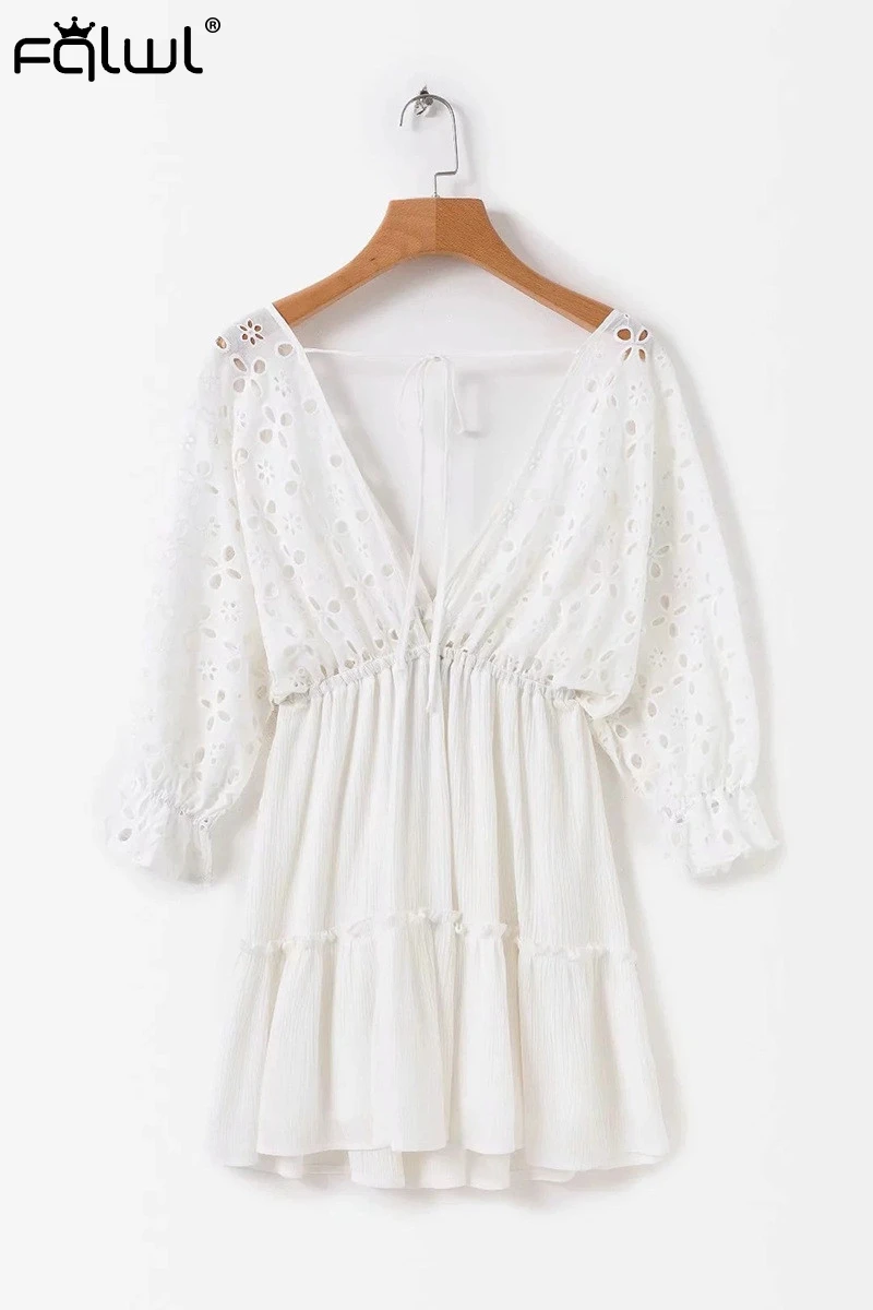 FQLWL Hollow Out Mesh Summer Beach Casual Dress Women N Neck Ruffles Pleated Sexy Mini Dress White Red Black Bandage Short Dress