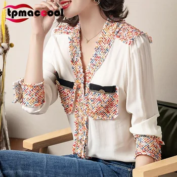 

Tpmaccool luxury designer 100%Silk Women shirts 2020 Spring Summer High end Heavy 100% Silk V-neck Long Sleeve blouses tops S-XL