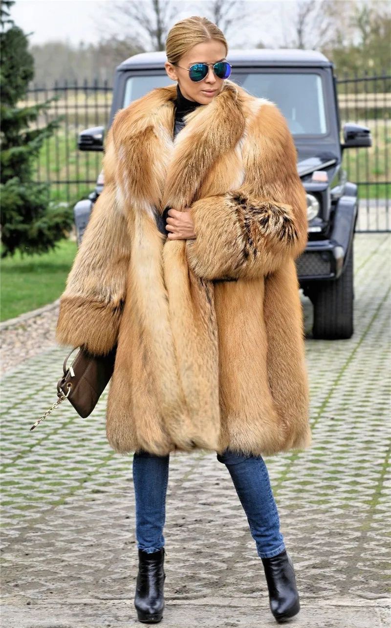 Модное зимнее длинное пальто из натурального меха Красной лисы с воротником с лацканами, толстая теплая куртка из натурального меха норки, Женское пальто