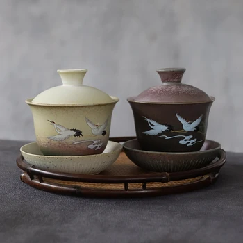 

LUWU big size ceramic gaiwan teacup crane chinese tea sets drinkware 250ml