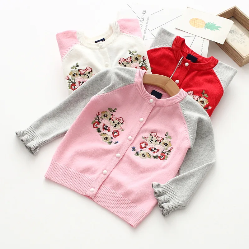 

80104 Cartoon Flower Bear Embroidered CHILDREN'S Sweater 19 Autumn Girls Button down Knitted Cardigan Childrenswear