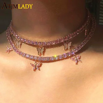 

Rose pink pinky Butterfly 5mm cz Tennis Chain Necklace iced out Bling Bling hiphop Luxury Fashion minimal choker women Jewelry