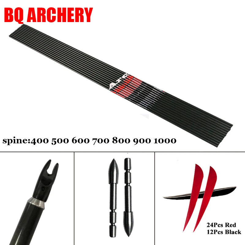

12pcs Pure Carbon Arrows shaft sp400-1000 pin nock 3inch Turkey Feather ID4.2mm for recurve bow Hunting Archery DIY