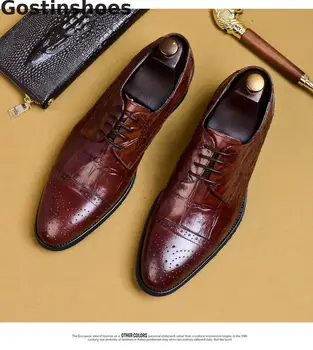 

New Arrivals Men Shoes Black Brown Red Genuine Leather Shoes Crocodile Skin Printed Cut-out Capped Toe Derby Brogue Shoes Lace