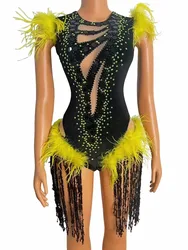 Scene Clothes Rave Yellow Feather Latin Lady Gaga Gala Bodysuit Hollow Out Stage Circus Costume Exotic Dance Wear Pole Wear