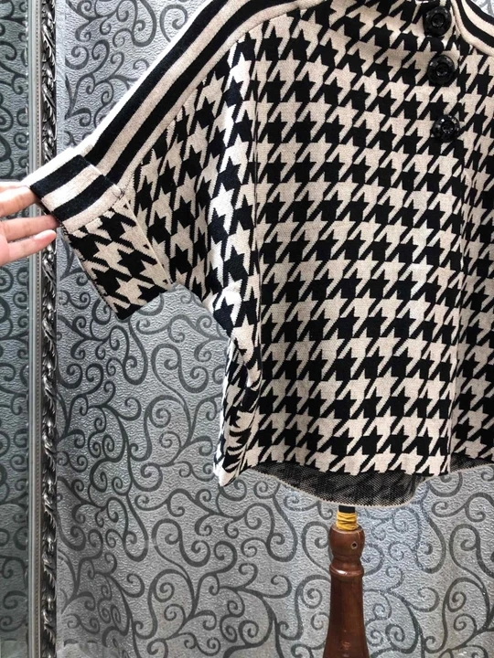 and Autumn winter new women's round neck thousand bird pattern woven stripe decoration all over loose top T-shirt 1013