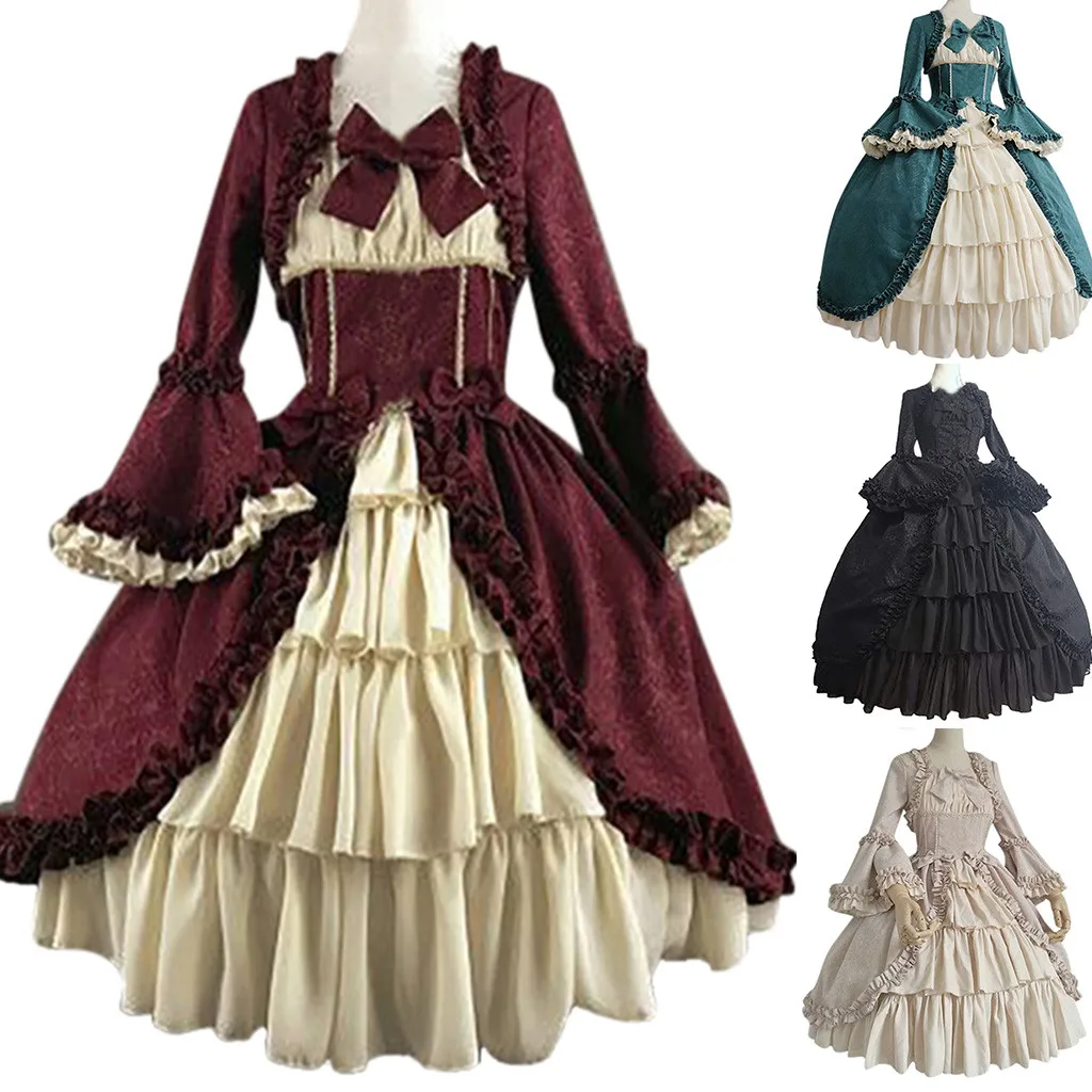

feitong Fashion Women Vintage Gothic Court Square Collar Patchwork Bow Dress Stage Cos performance clothing Vestidos #82150